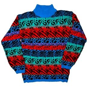 Vintage 80s Gitano Mock Neck Striped Colorful Bright Sweater Size Medium